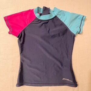 Eddie Bauer Kids Size Small 7/8 Swim Shirt Rash Guard Short Sleeve Blue Beach